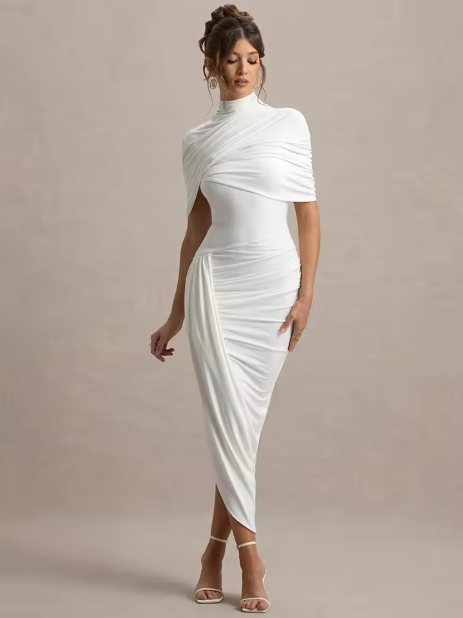 Figure-Hugging Midi Dress with Stand Collar & Cape Detail
