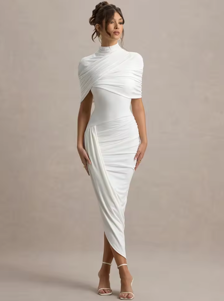 Figure-Hugging Midi Dress with Stand Collar & Cape Detail