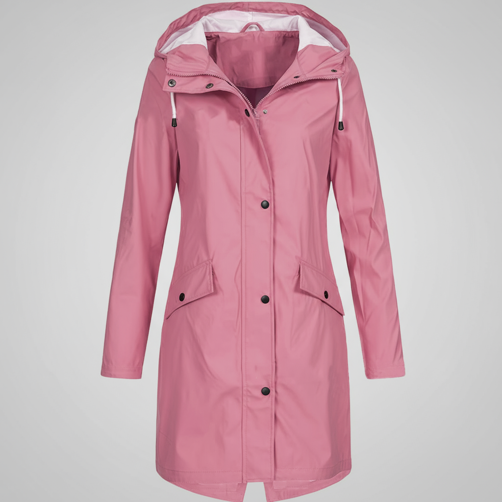 Front view of waterproof hooded raincoat for women