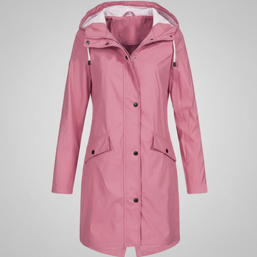 Front view of waterproof hooded raincoat for women