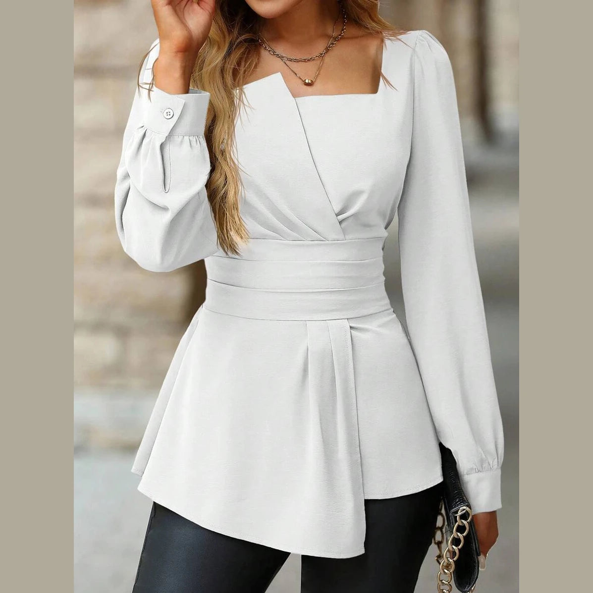 Women’s Asymmetrical Ruched Blouse – Long Sleeve