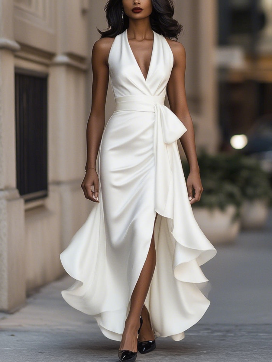 Women’s Satin Halter Evening Dress – Ruffle High-Low Hem