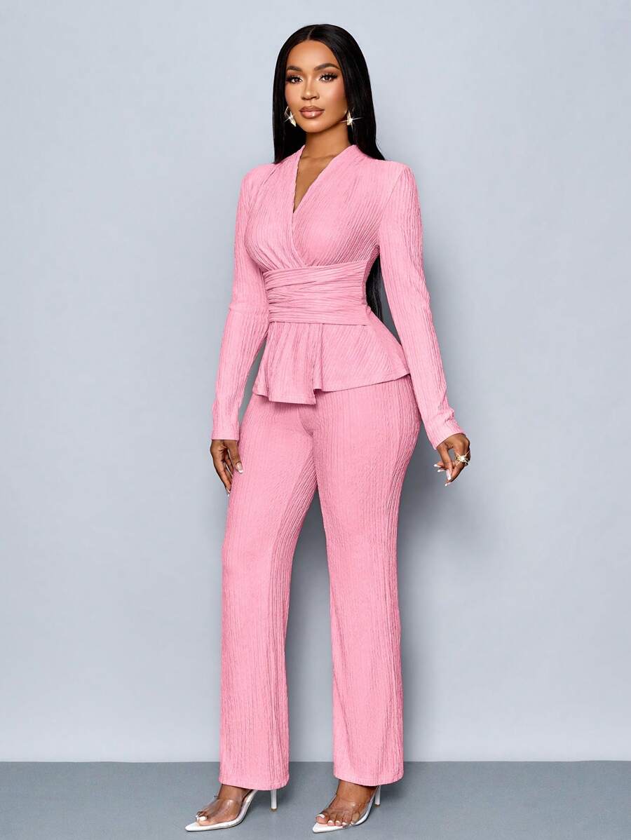 Women’s V-Neck Long Sleeve Top and Wide Leg Pants Set