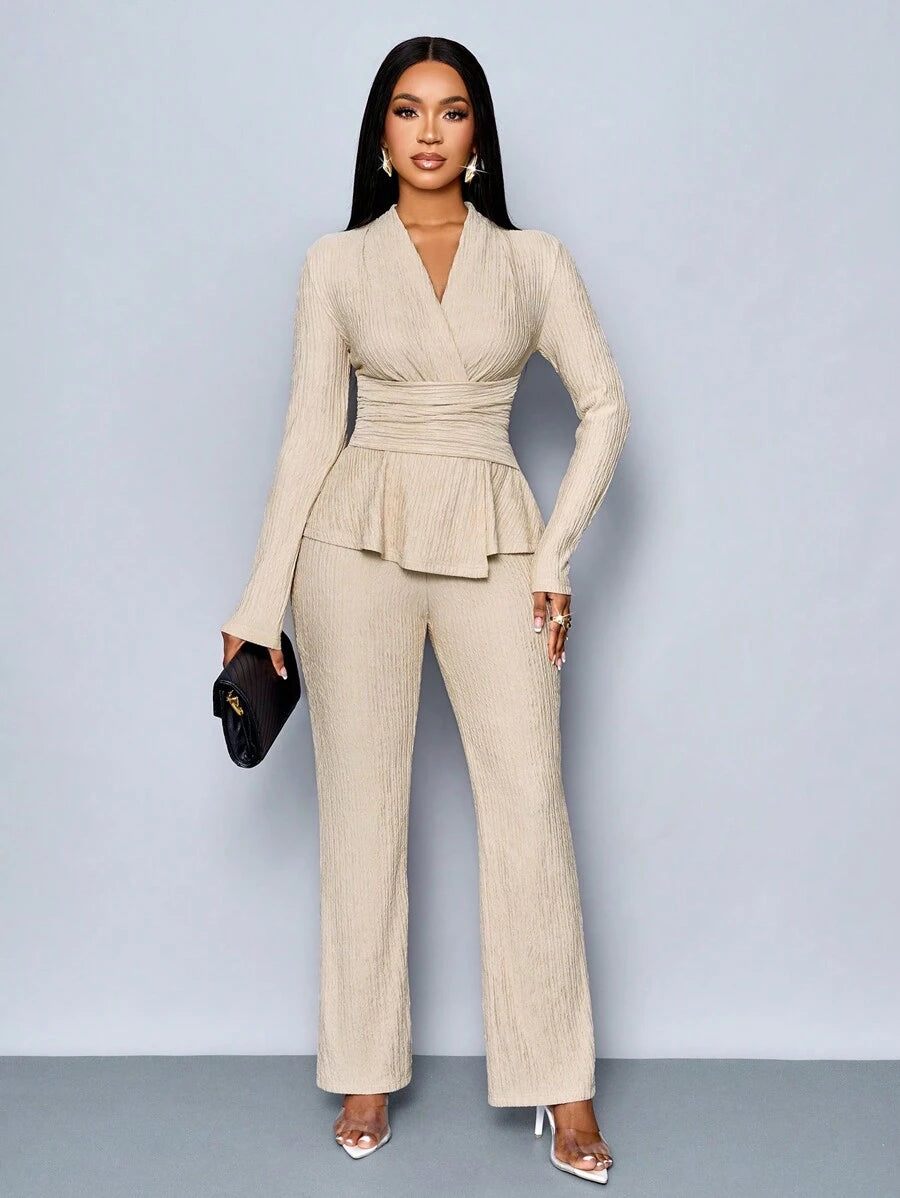 Women’s V-Neck Long Sleeve Top and Wide Leg Pants Set