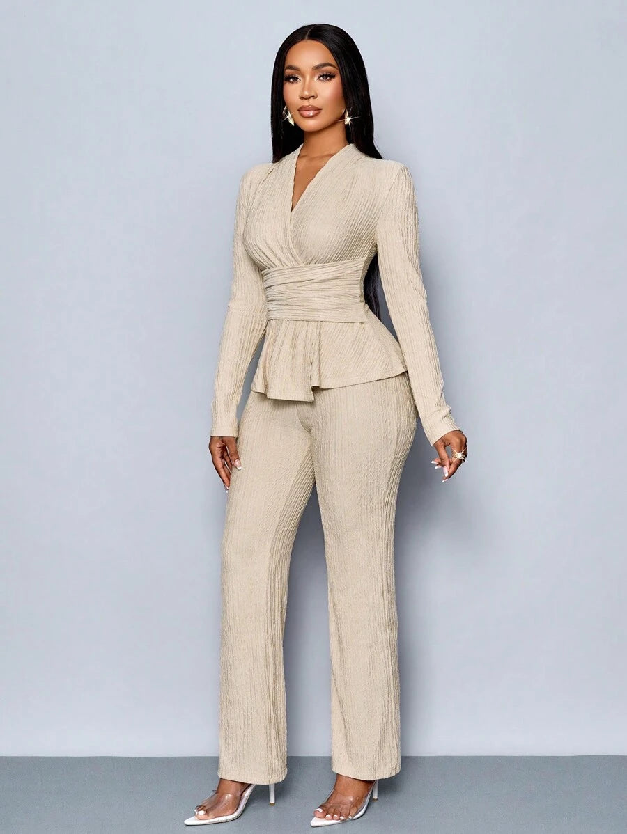 Women’s V-Neck Long Sleeve Top and Wide Leg Pants Set