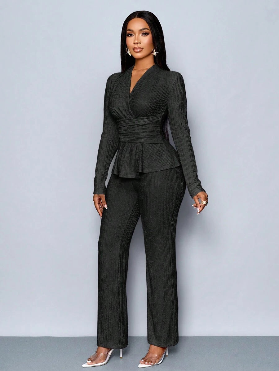 Women’s V-Neck Long Sleeve Top and Wide Leg Pants Set