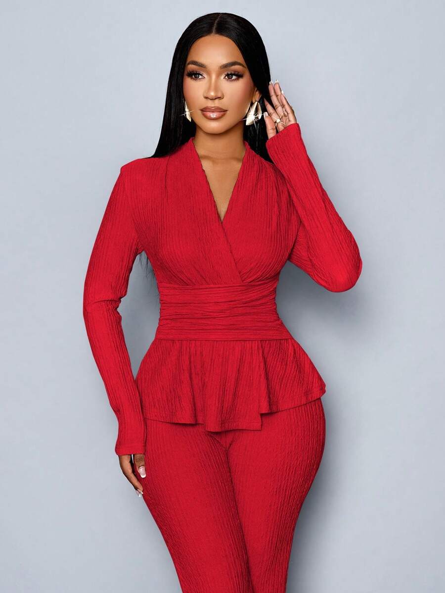 Women’s V-Neck Long Sleeve Top and Wide Leg Pants Set