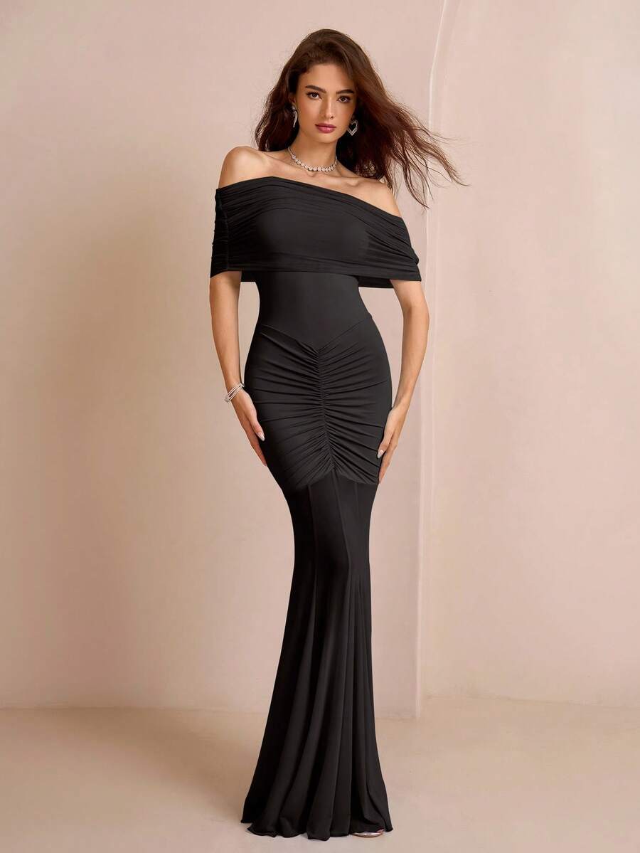Off Shoulder Maxi Dress – Ruched Mermaid Bodycon Evening Gown for Women