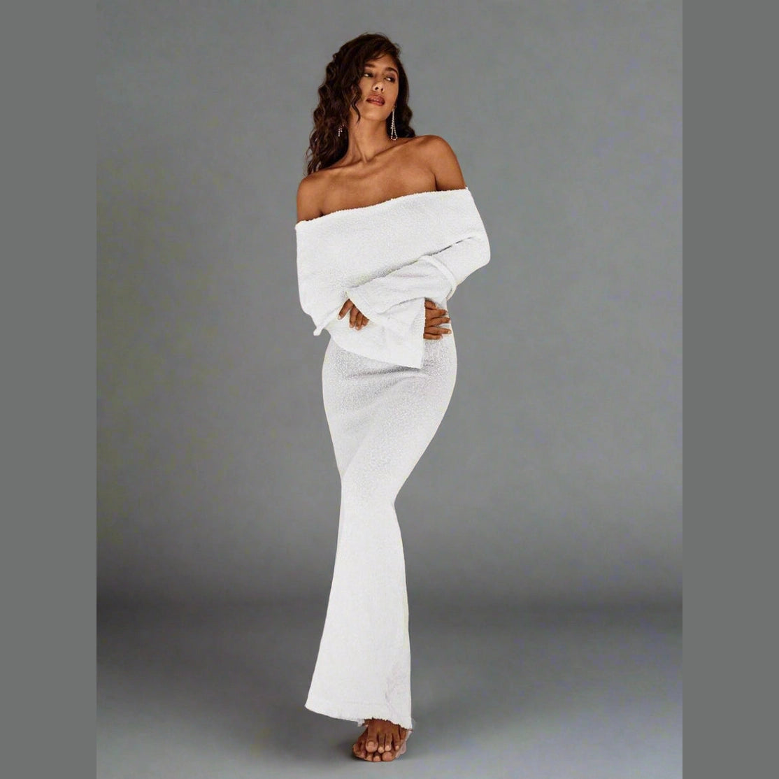 Women’s Off-Shoulder Knit Midi Dress – Long Sleeve