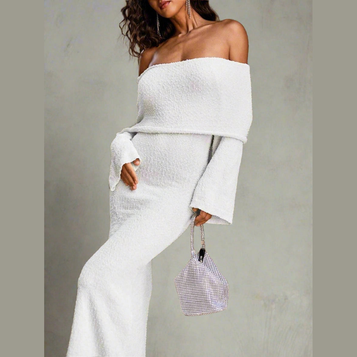 Women’s Off-Shoulder Knit Midi Dress – Long Sleeve