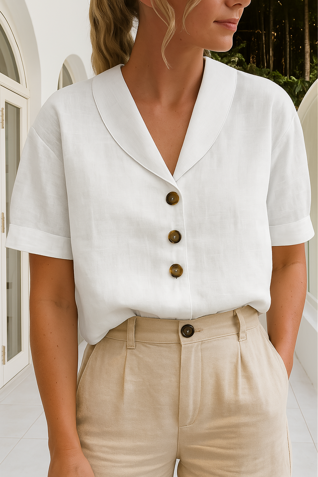 Short Sleeve Linen Blouse with Button Placket