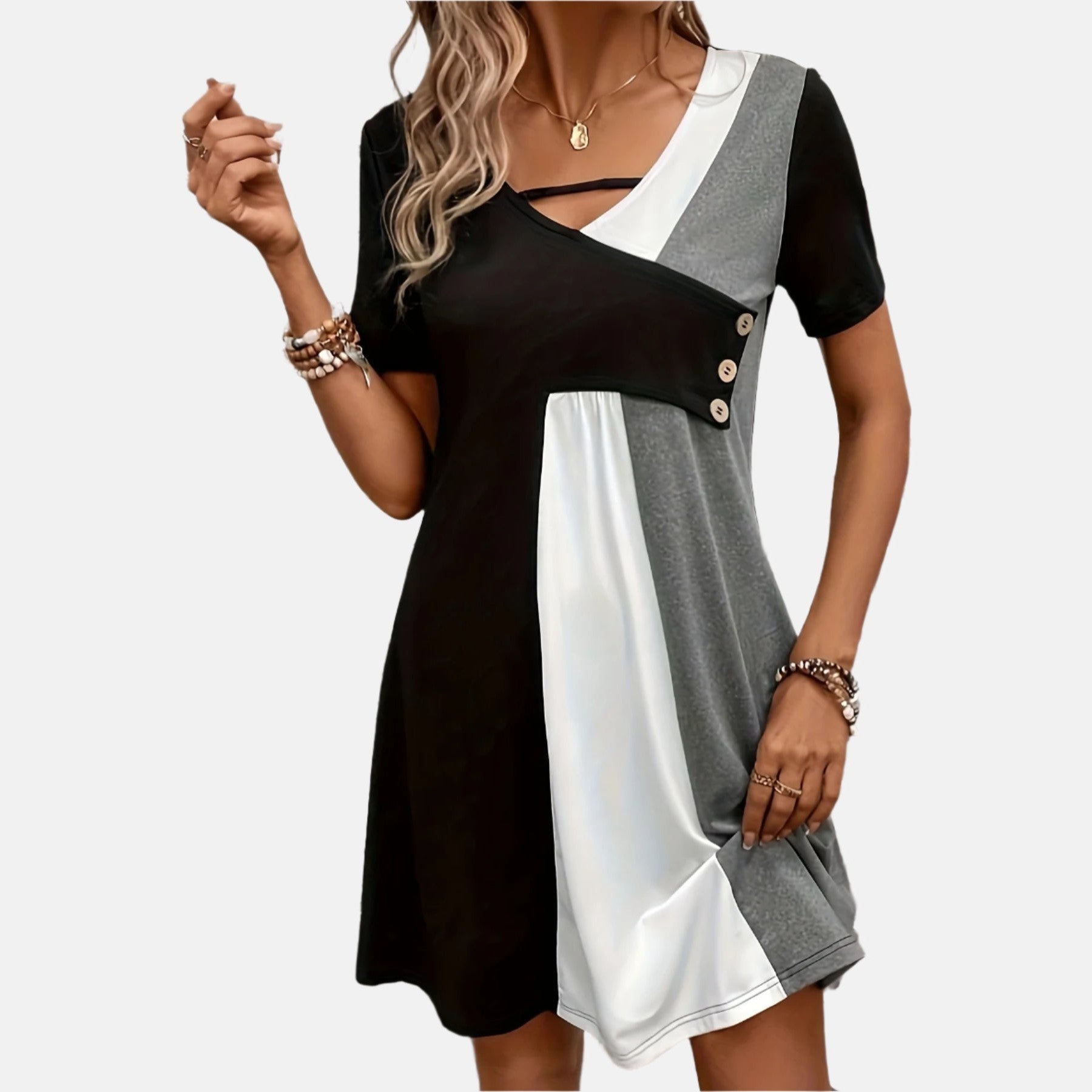Women’s V-Neck Colour-Block Button Dress – Short Sleeve