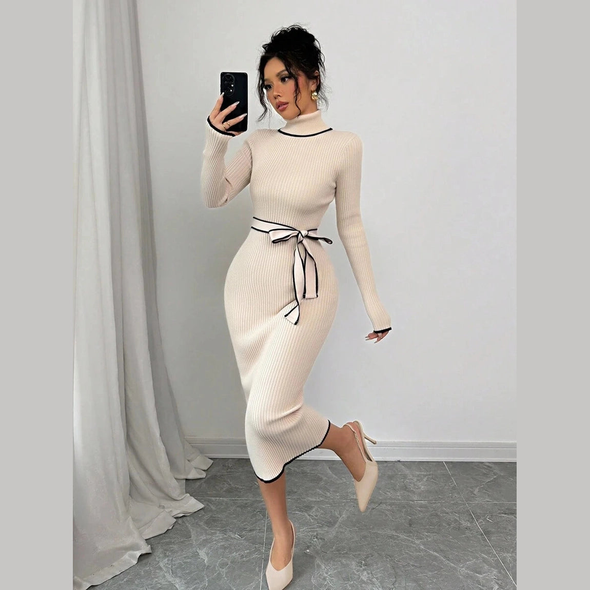 Women’s Ribbed Knit Midi Dress – Stand Collar Long Sleeve with Waist Belt
