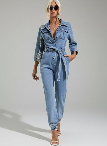 Women’s casual denim jumpsuit with belt front view