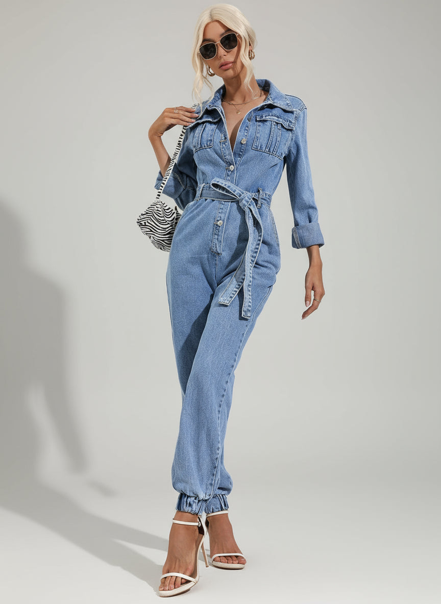 Denim jumpsuit styled with ankle boots and handbag