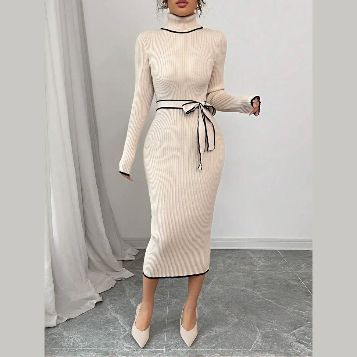 Women’s Ribbed Knit Midi Dress – Stand Collar Long Sleeve with Waist Belt
