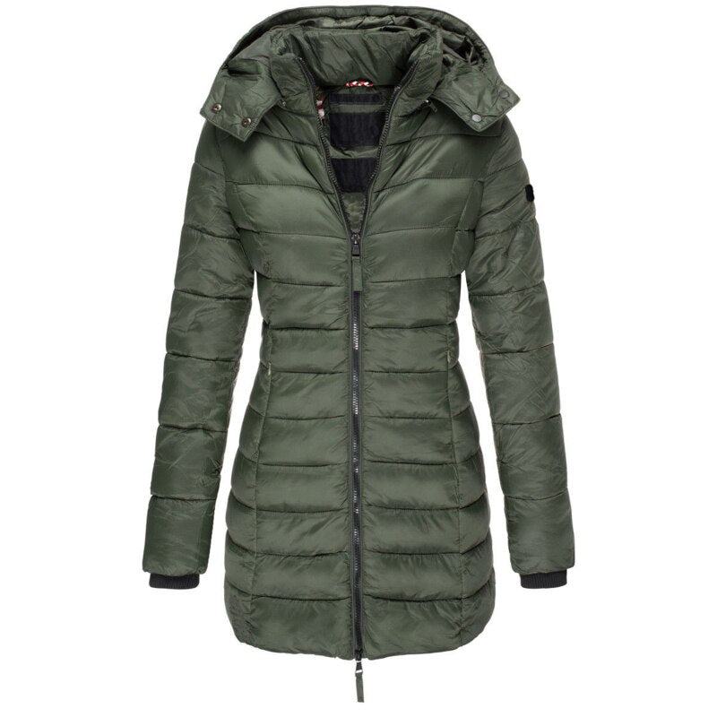Green zipper closure view on women’s winter puffer