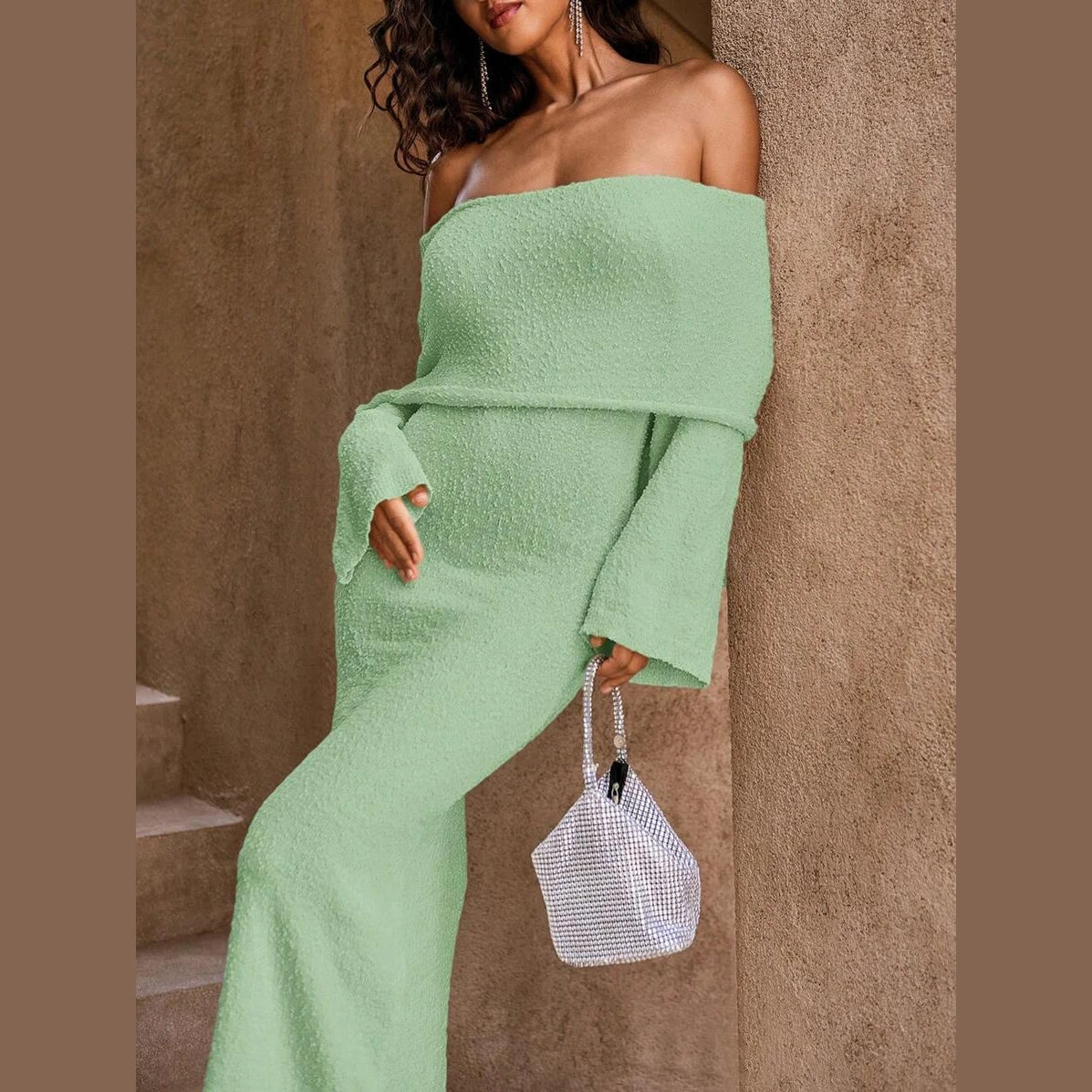 Women’s Off-Shoulder Knit Midi Dress – Long Sleeve