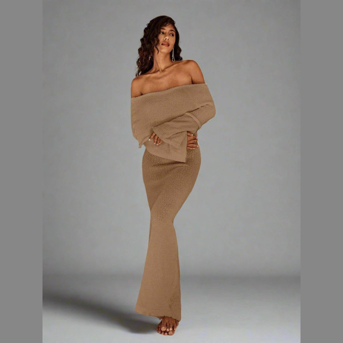Women’s Off-Shoulder Knit Midi Dress – Long Sleeve