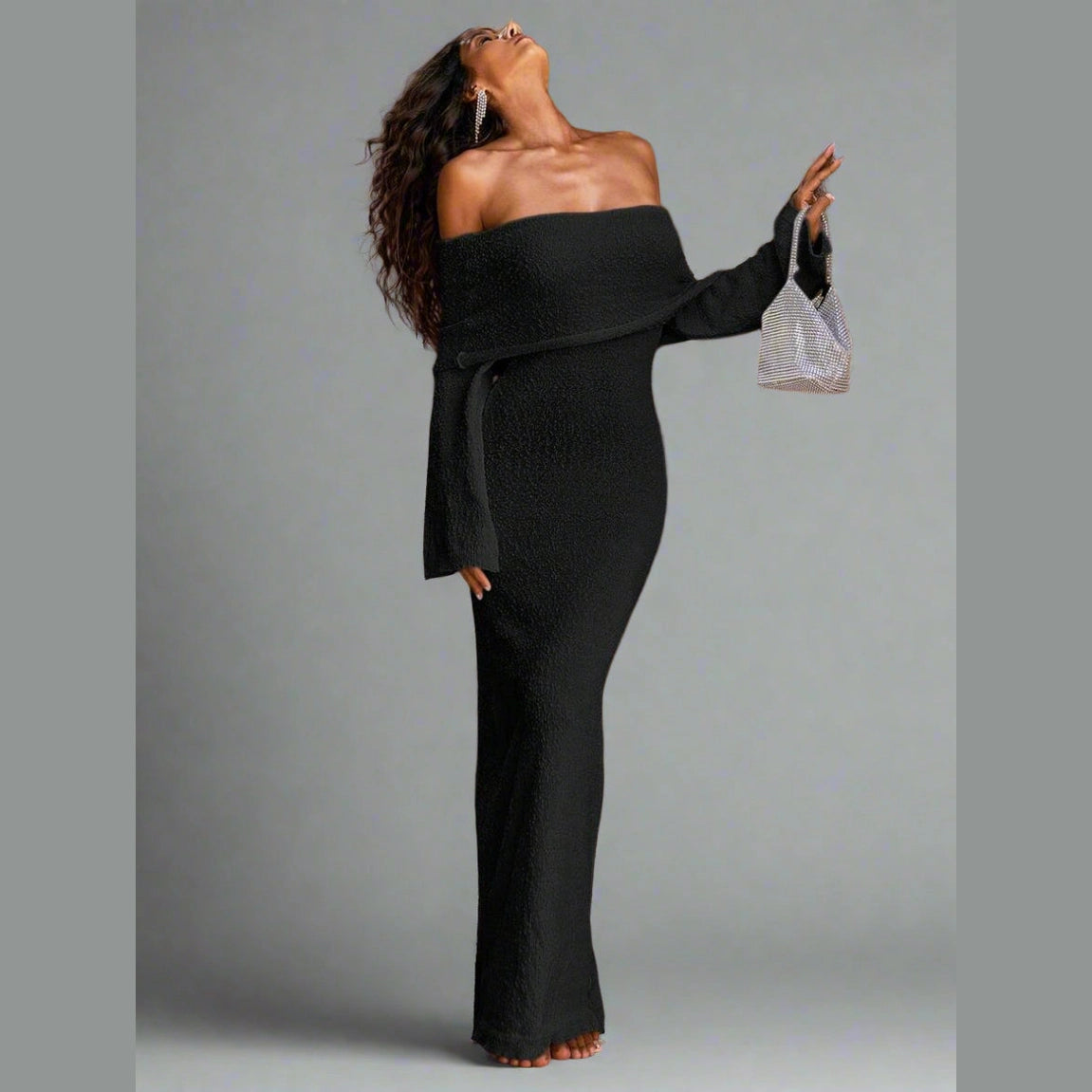 Women’s Off-Shoulder Knit Midi Dress – Long Sleeve