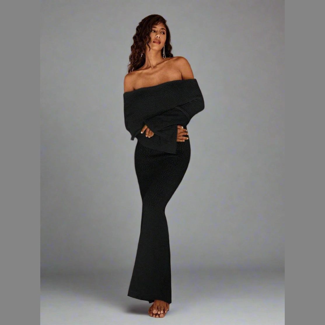 Women’s Off-Shoulder Knit Midi Dress – Long Sleeve