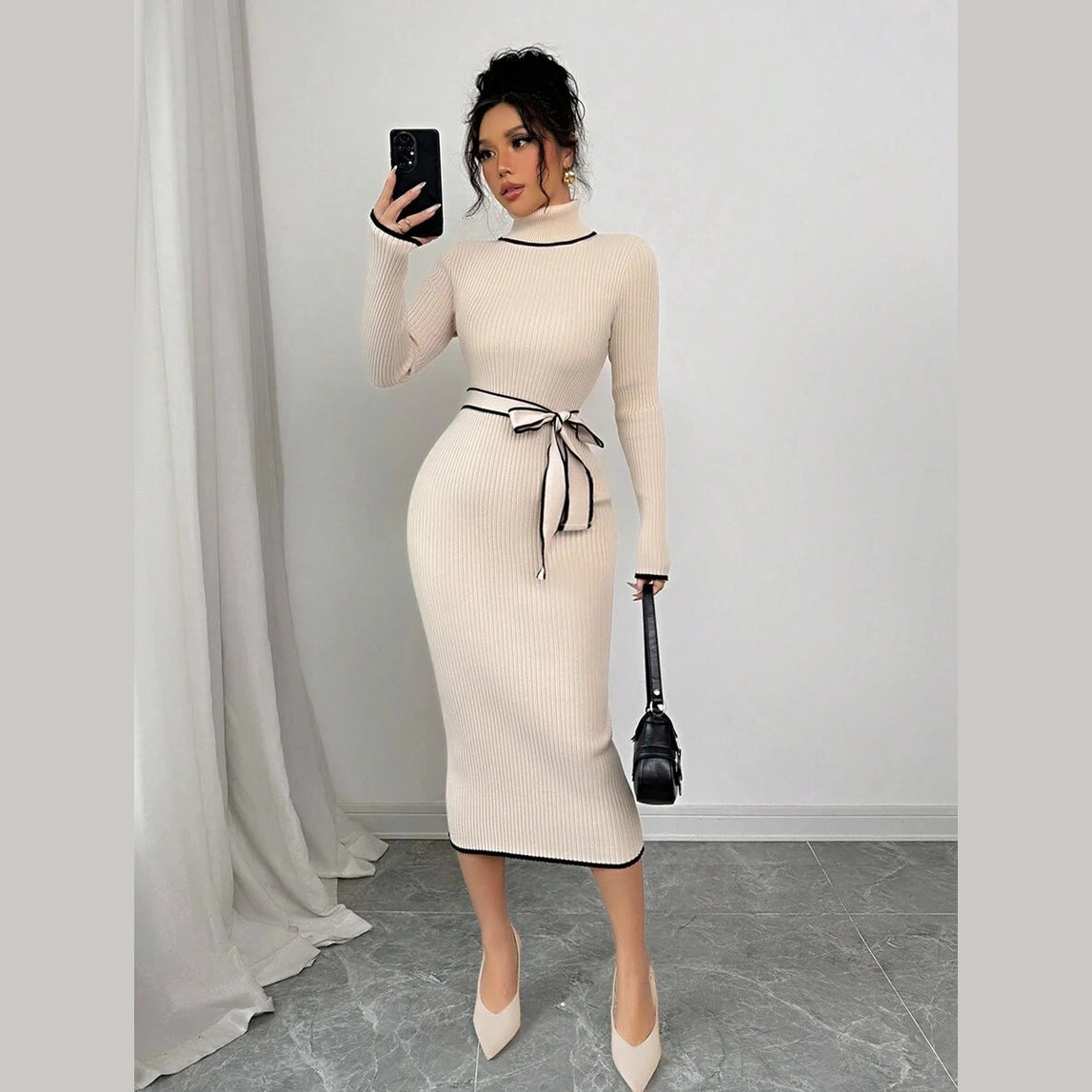Women’s Ribbed Knit Midi Dress – Stand Collar Long Sleeve with Waist Belt