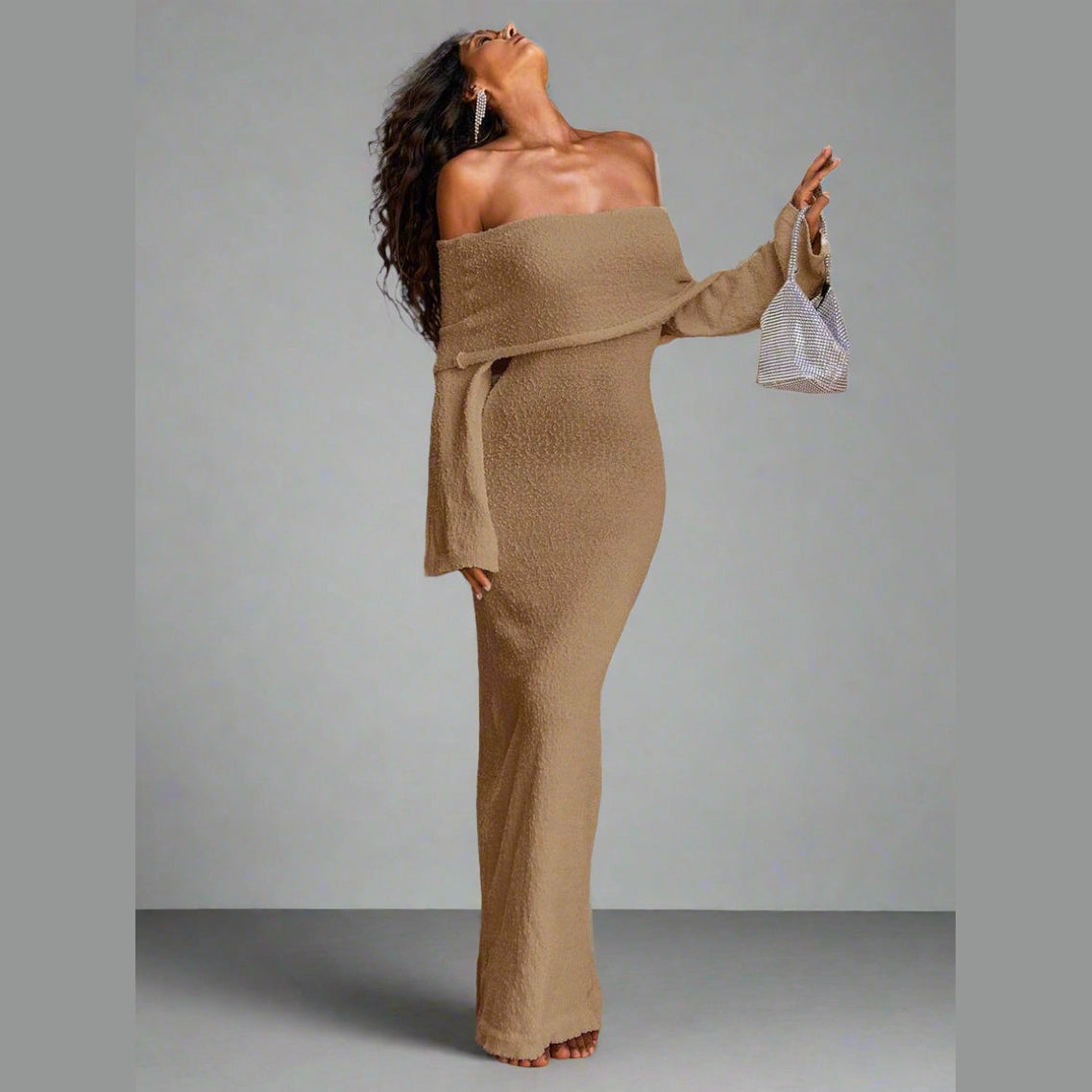 Women’s Off-Shoulder Knit Midi Dress – Long Sleeve