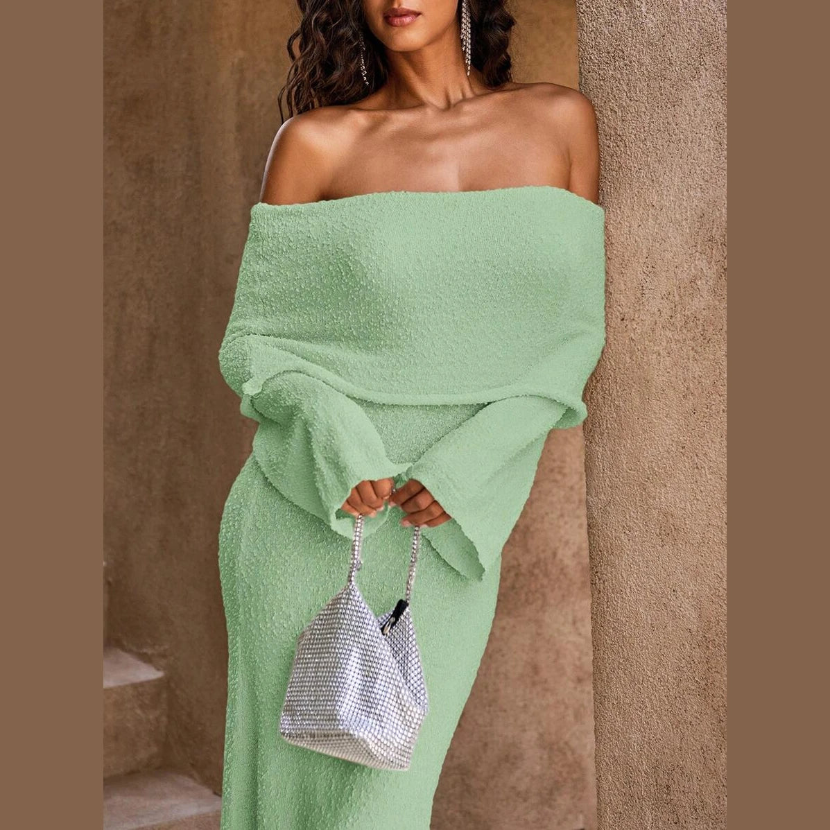 Women’s Off-Shoulder Knit Midi Dress – Long Sleeve