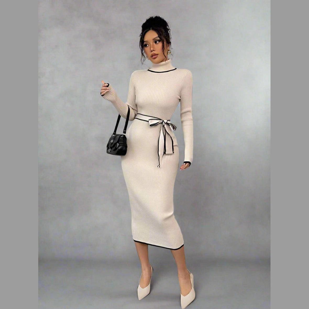 Women’s Ribbed Knit Midi Dress – Stand Collar Long Sleeve with Waist Belt