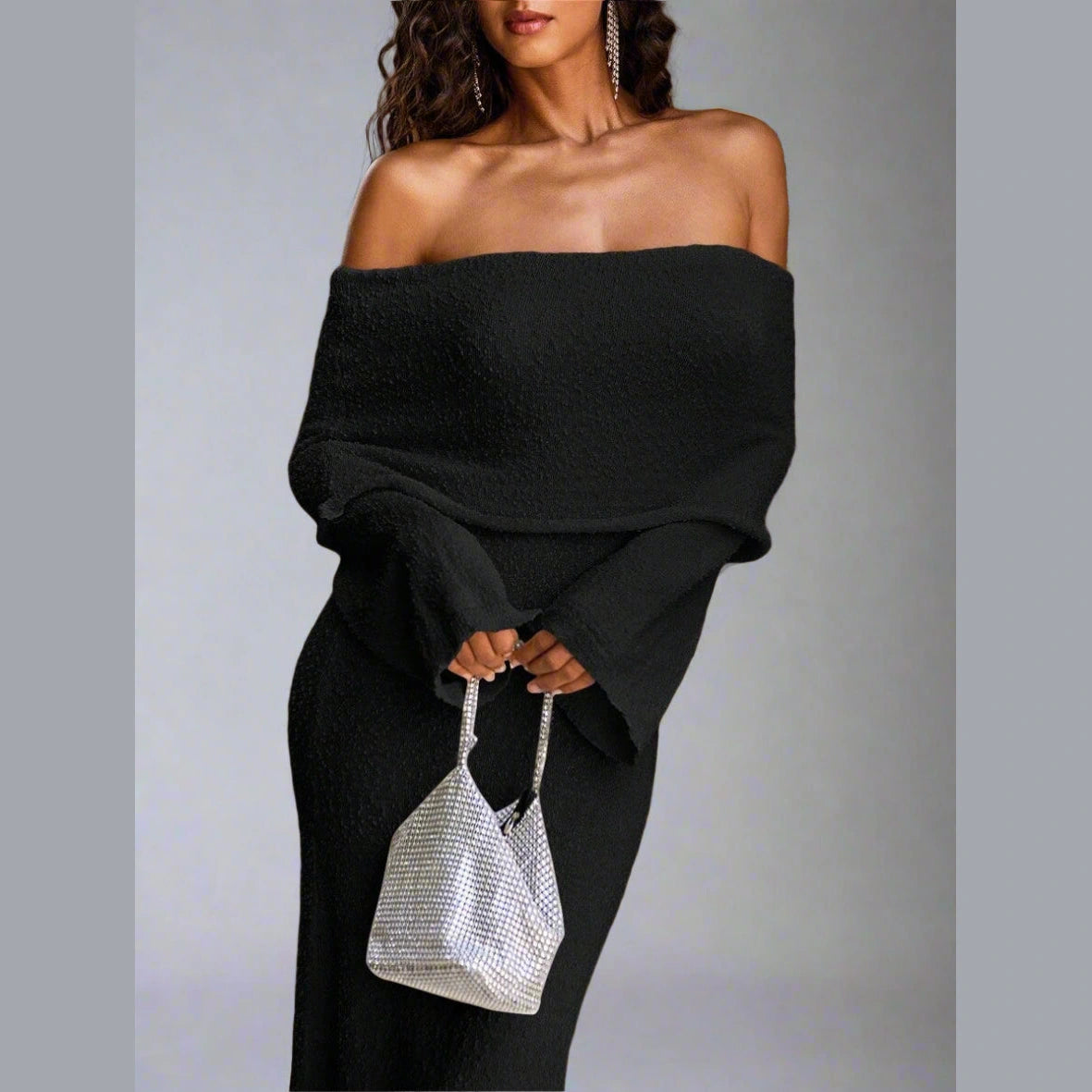 Women’s Off-Shoulder Knit Midi Dress – Long Sleeve