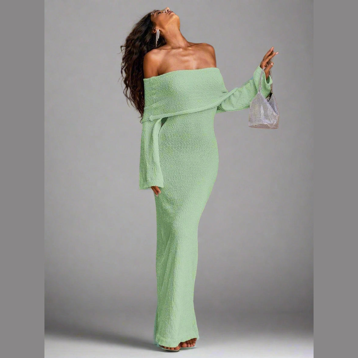 Women’s Off-Shoulder Knit Midi Dress – Long Sleeve