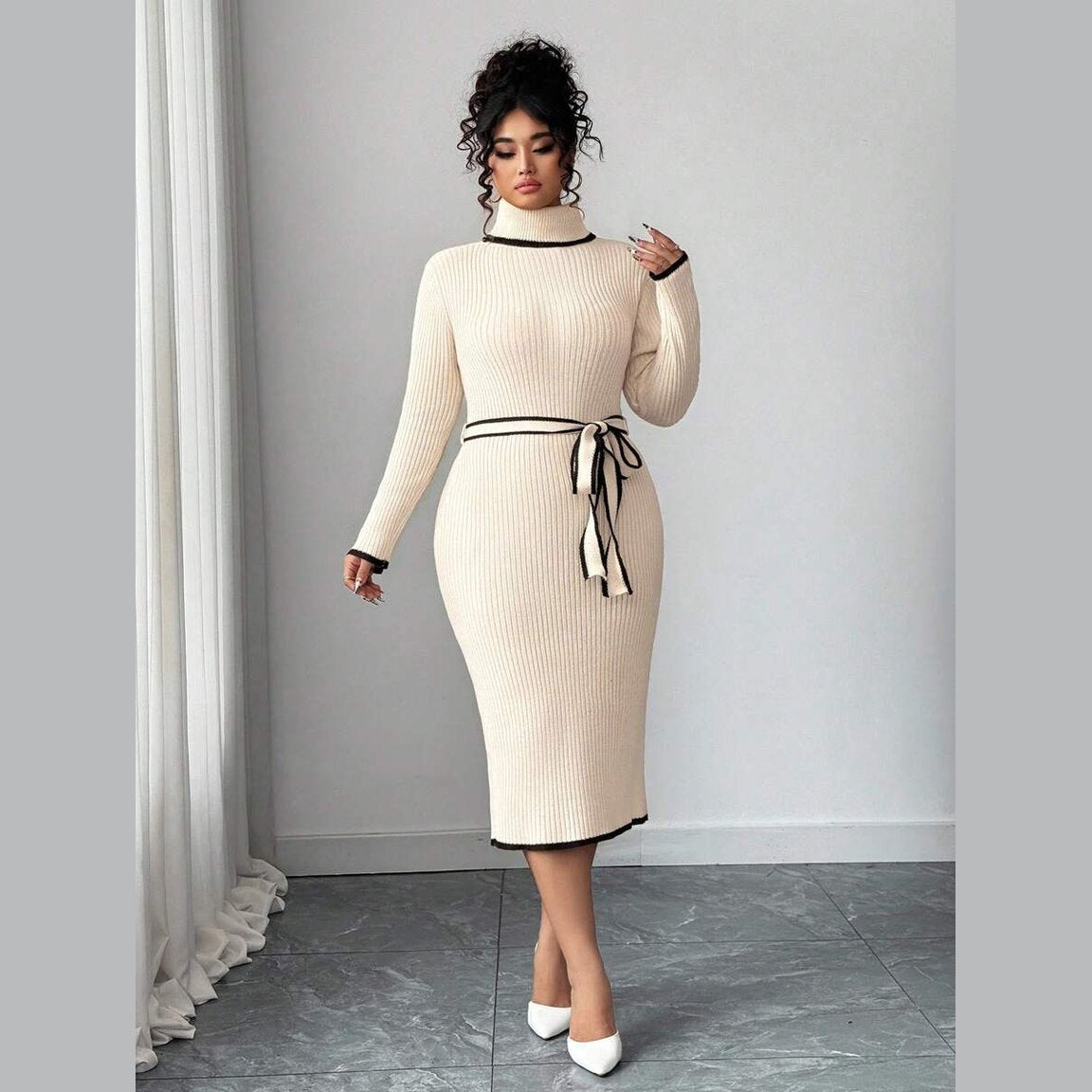 Women’s Ribbed Knit Midi Dress – Stand Collar Long Sleeve with Waist Belt