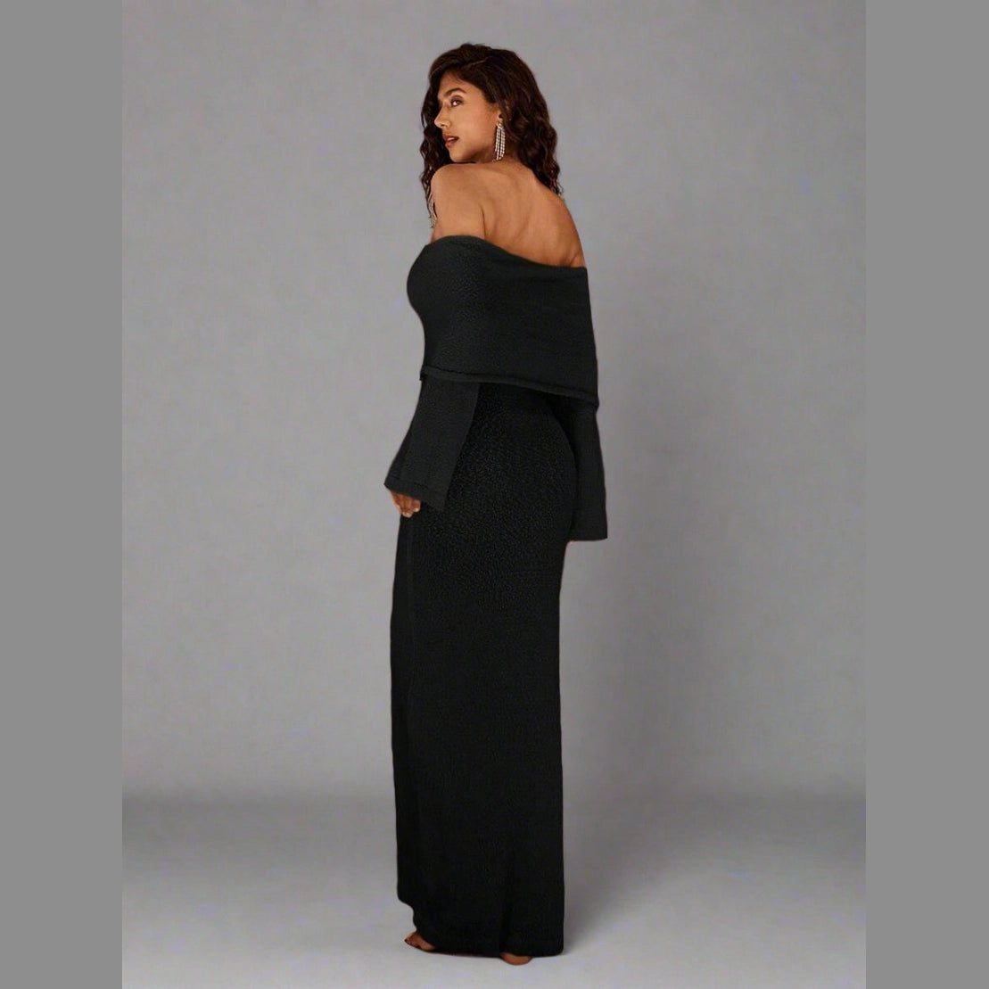 Women’s Off-Shoulder Knit Midi Dress – Long Sleeve
