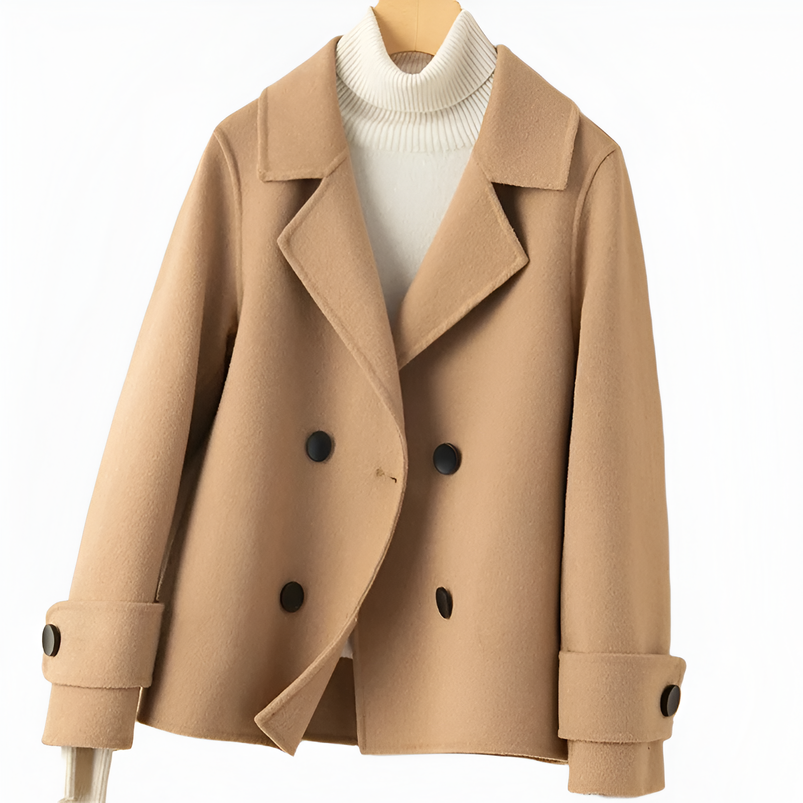 Back view of women’s elegant wool pea coat