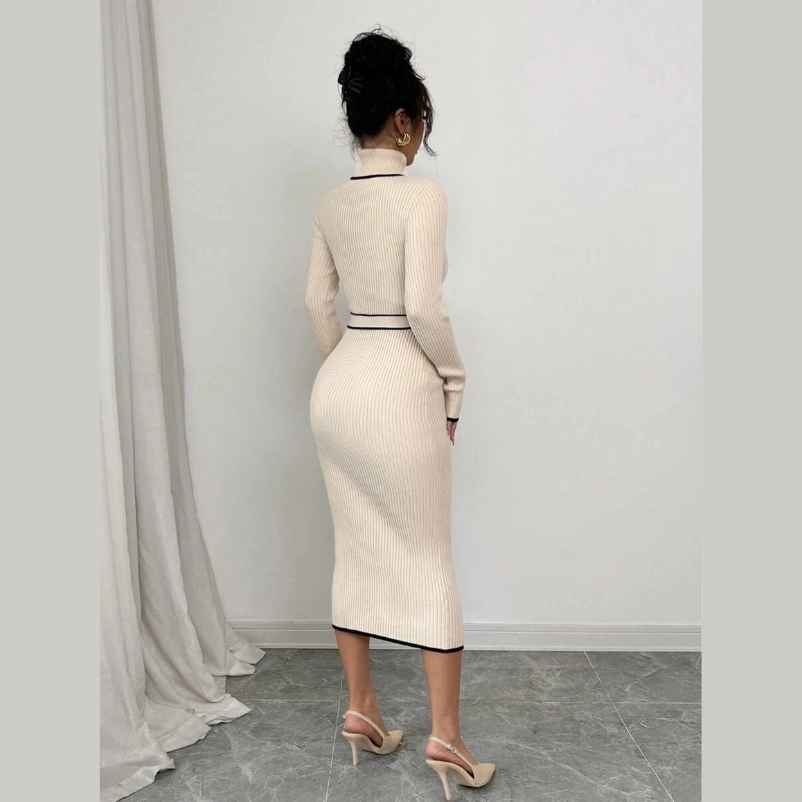 Women’s Ribbed Knit Midi Dress – Stand Collar Long Sleeve with Waist Belt