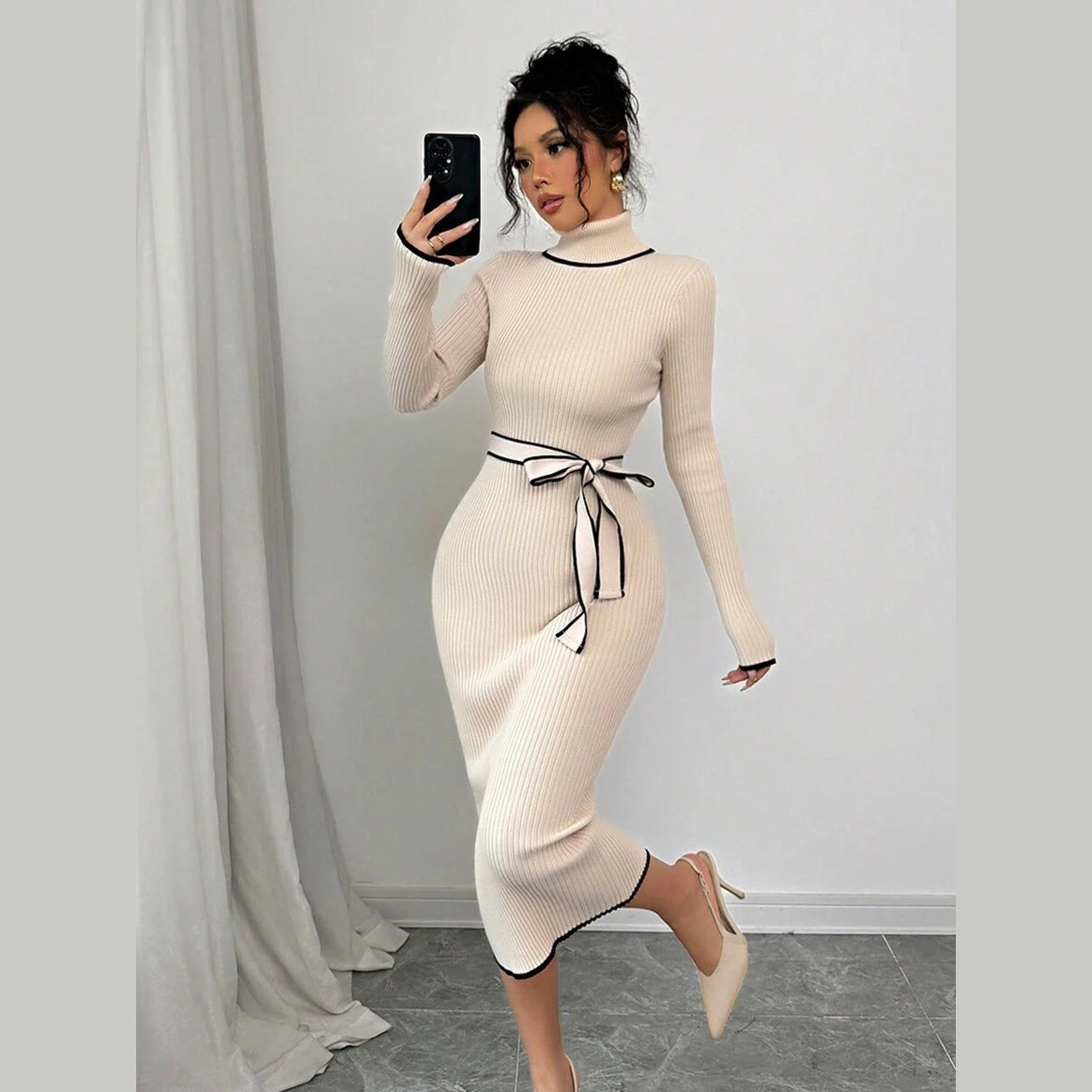 Women’s Ribbed Knit Midi Dress – Stand Collar Long Sleeve with Waist Belt