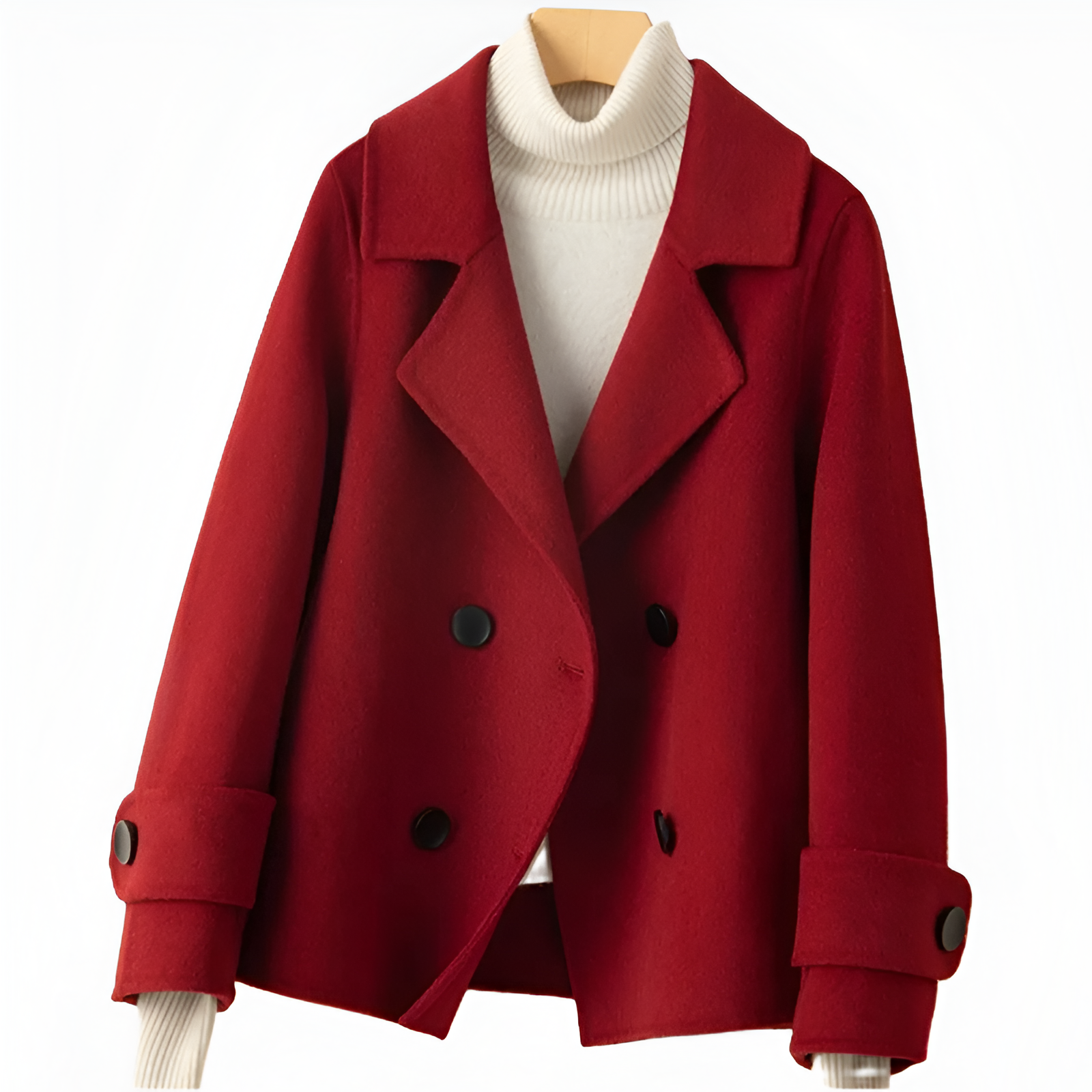 Close-up of buttons and fabric texture on wool blend coat