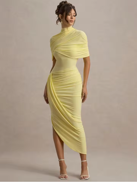 Figure-Hugging Midi Dress with Stand Collar & Cape Detail