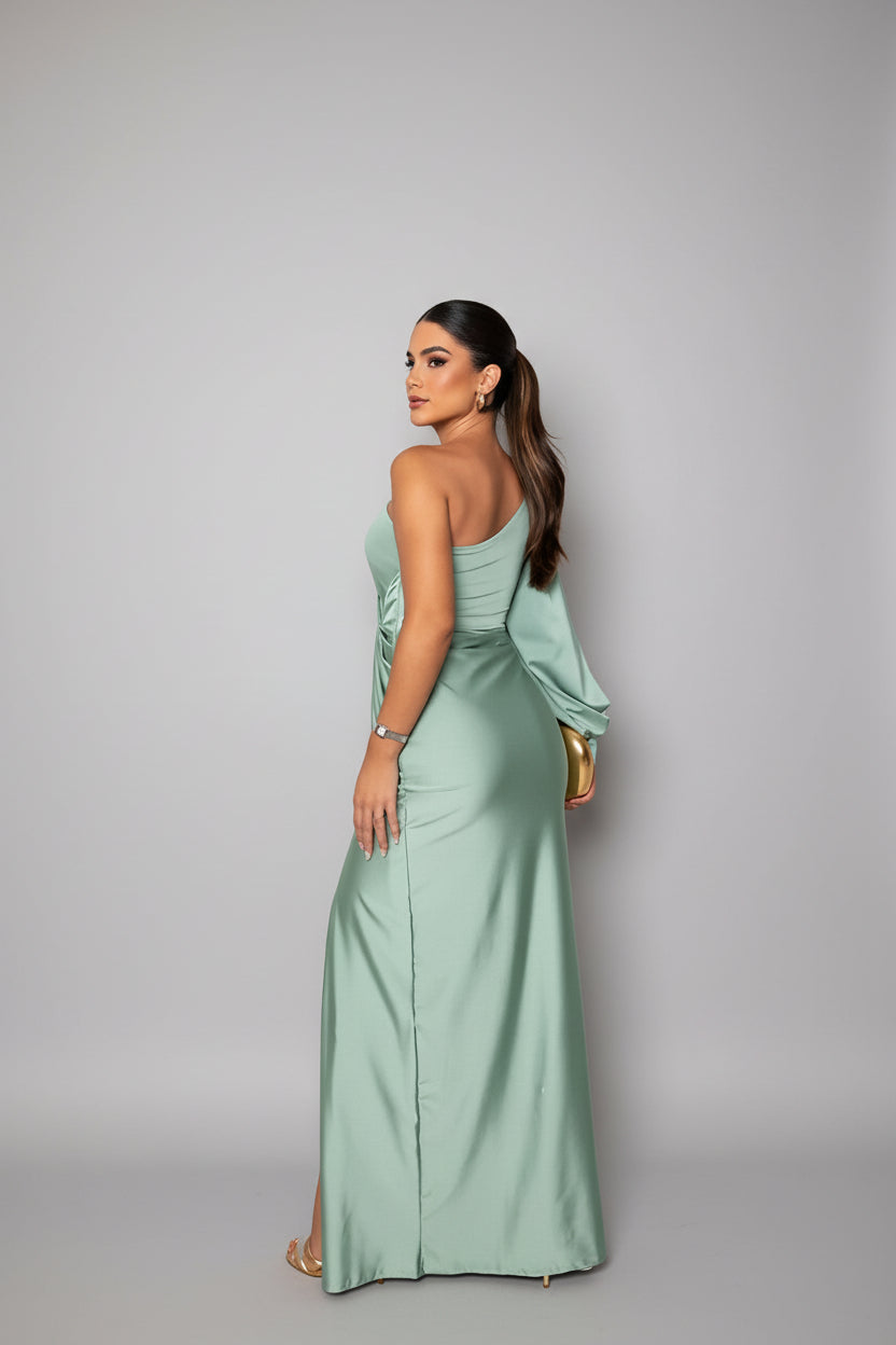 Mint green one-shoulder satin dress - detail view
