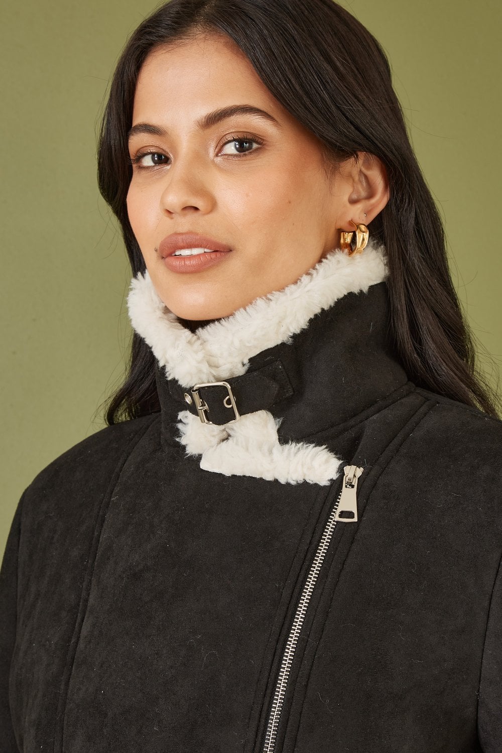 Black Faux Suede And Shearling Biker Jacket