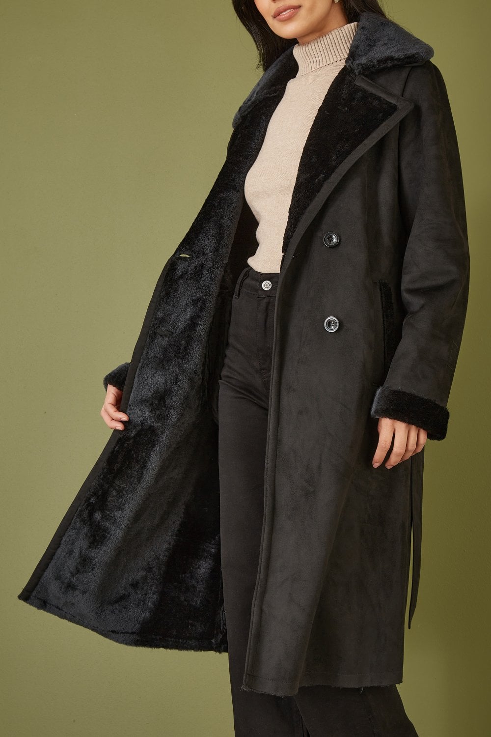 Black Trench Coat With Faux Fur Lining