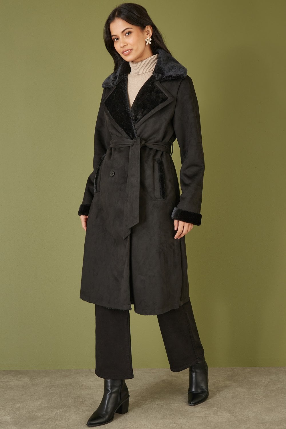 Black Trench Coat With Faux Fur Lining