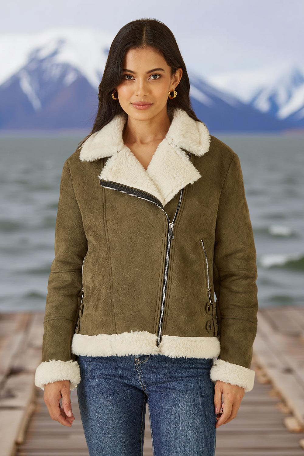 Yumi green faux suede biker jacket with shearling collar and cuffs