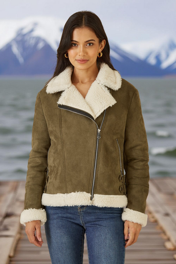 Yumi green faux suede biker jacket with shearling collar and cuffs