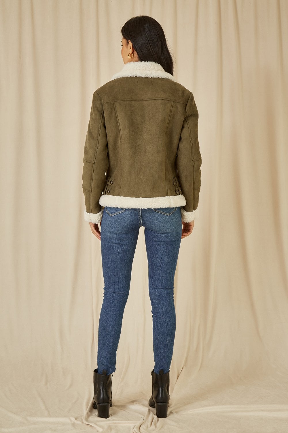 Yumi green shearling collar biker jacket in faux suede

