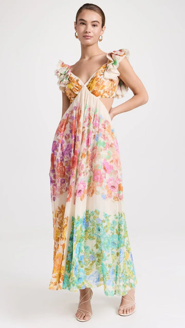 Floral Maxi Dress with V-Neck and Ruffled Straps